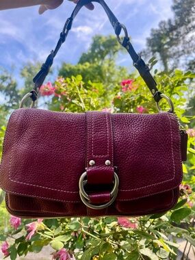 Coach Wine/ Burgundy Pebbled Leather Shoulder Bag with Black Strap